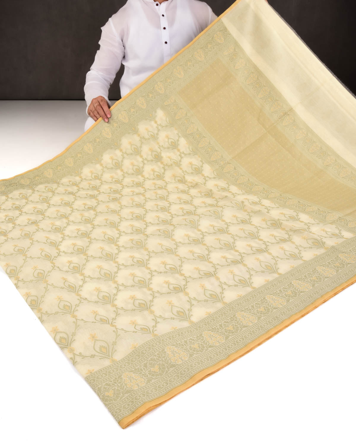 Cream Banarasi Alfi Morpankh Jaal Cutwork Brocade Woven Art Cotton Silk Saree-HolyWeaves