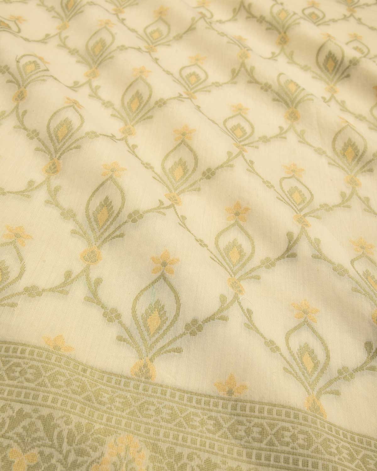 Cream Banarasi Alfi Morpankh Jaal Cutwork Brocade Woven Art Cotton Silk Saree-HolyWeaves
