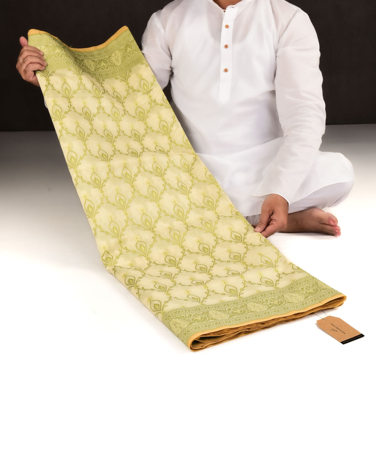 Green On Cream Banarasi Alfi Morpankh Jaal Cutwork Brocade Woven Art Cotton Silk Saree-HolyWeaves