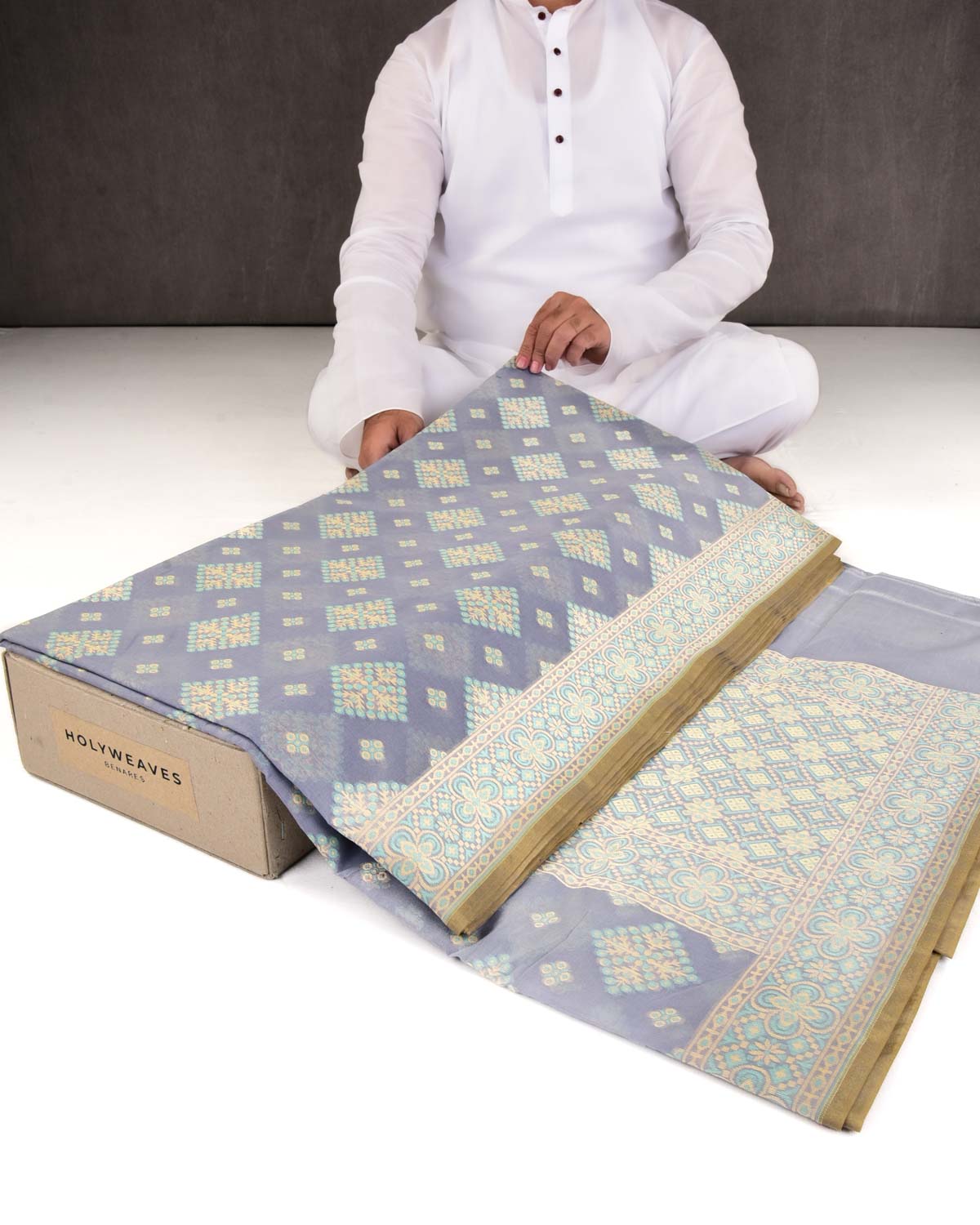 Gray Banarasi Alfi Buta Cutwork Brocade Woven Art Cotton Silk Saree-HolyWeaves