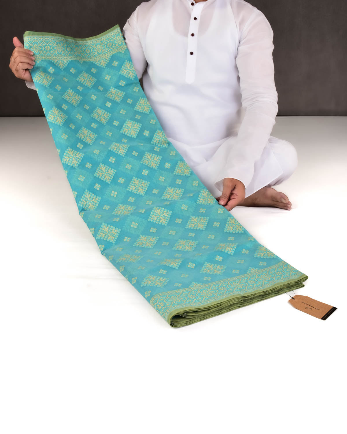 Blue Banarasi Alfi Buta Cutwork Brocade Woven Art Cotton Silk Saree-HolyWeaves