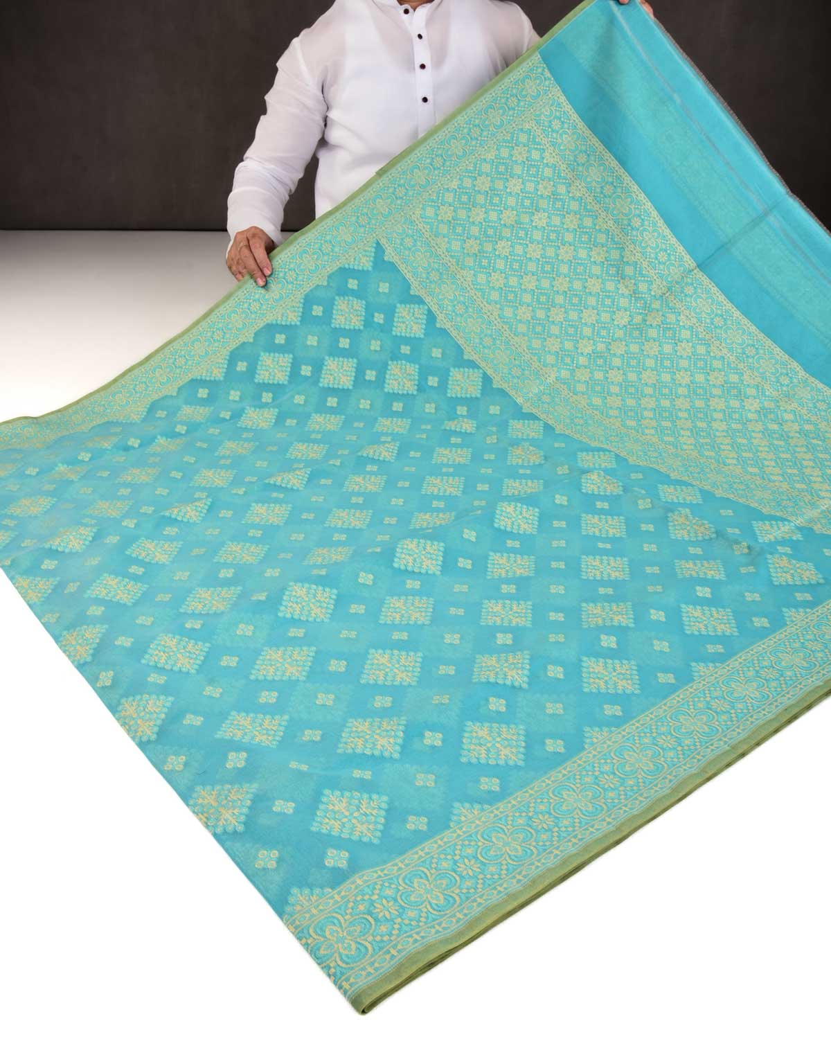 Blue Banarasi Alfi Buta Cutwork Brocade Woven Art Cotton Silk Saree-HolyWeaves