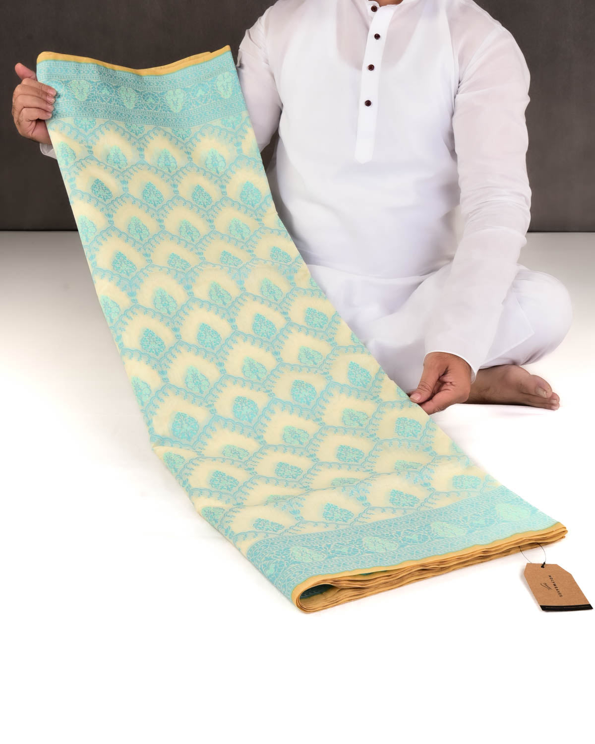 Blue On Cream Banarasi Alfi Buta Jaal Cutwork Brocade Woven Art Cotton Silk Saree-HolyWeaves