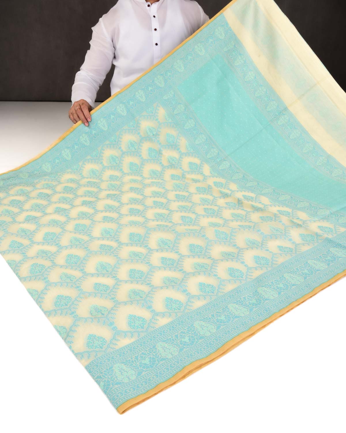 Blue On Cream Banarasi Alfi Buta Jaal Cutwork Brocade Woven Art Cotton Silk Saree-HolyWeaves