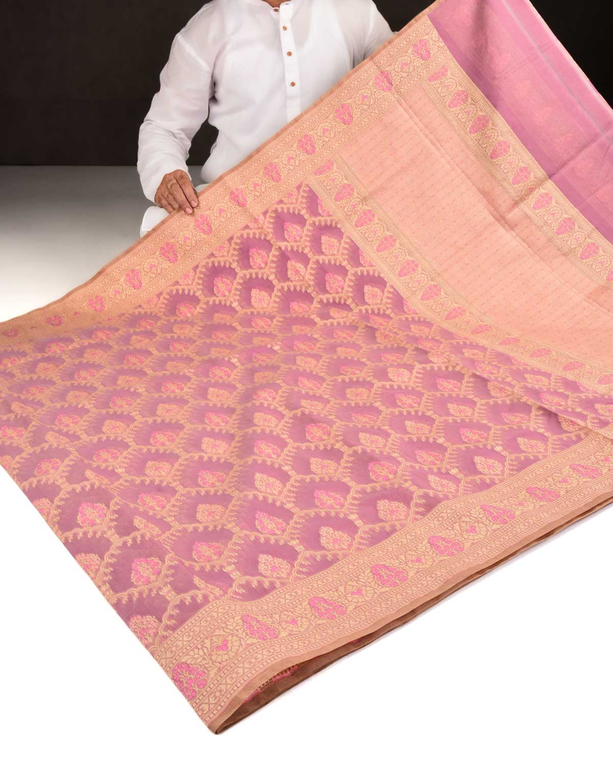 English Lavender Banarasi Alfi Resham Buta Jaal Cutwork Brocade Woven Art Cotton Silk Saree-HolyWeaves