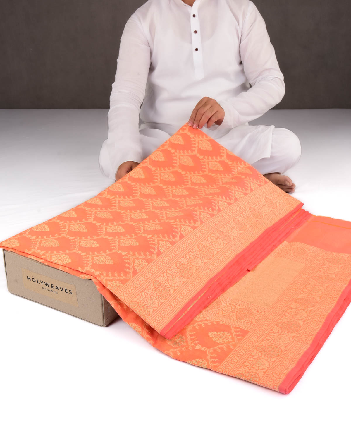 Orange Banarasi Alfi Resham Buta Jaal Cutwork Brocade Woven Art Cotton Silk Saree-HolyWeaves