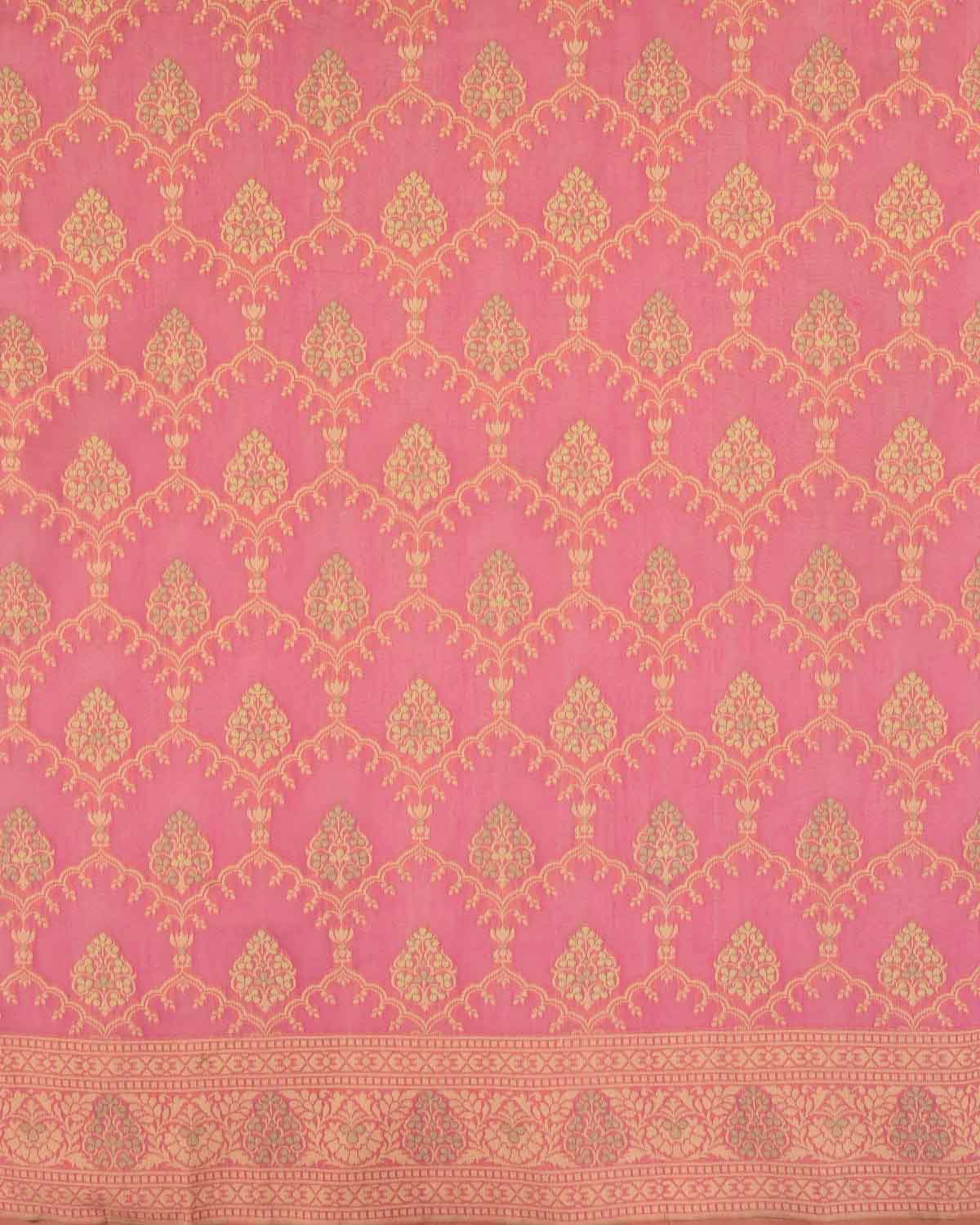 Light Coral Pink Banarasi Alfi Resham Buta Jaal Cutwork Brocade Woven Art Cotton Silk Saree-HolyWeaves