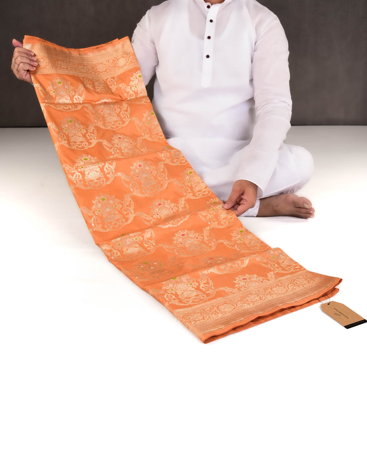 Ochre Brown Banarasi Gold Zari Cutwork Brocade Handwoven Katan Silk Saree-HolyWeaves