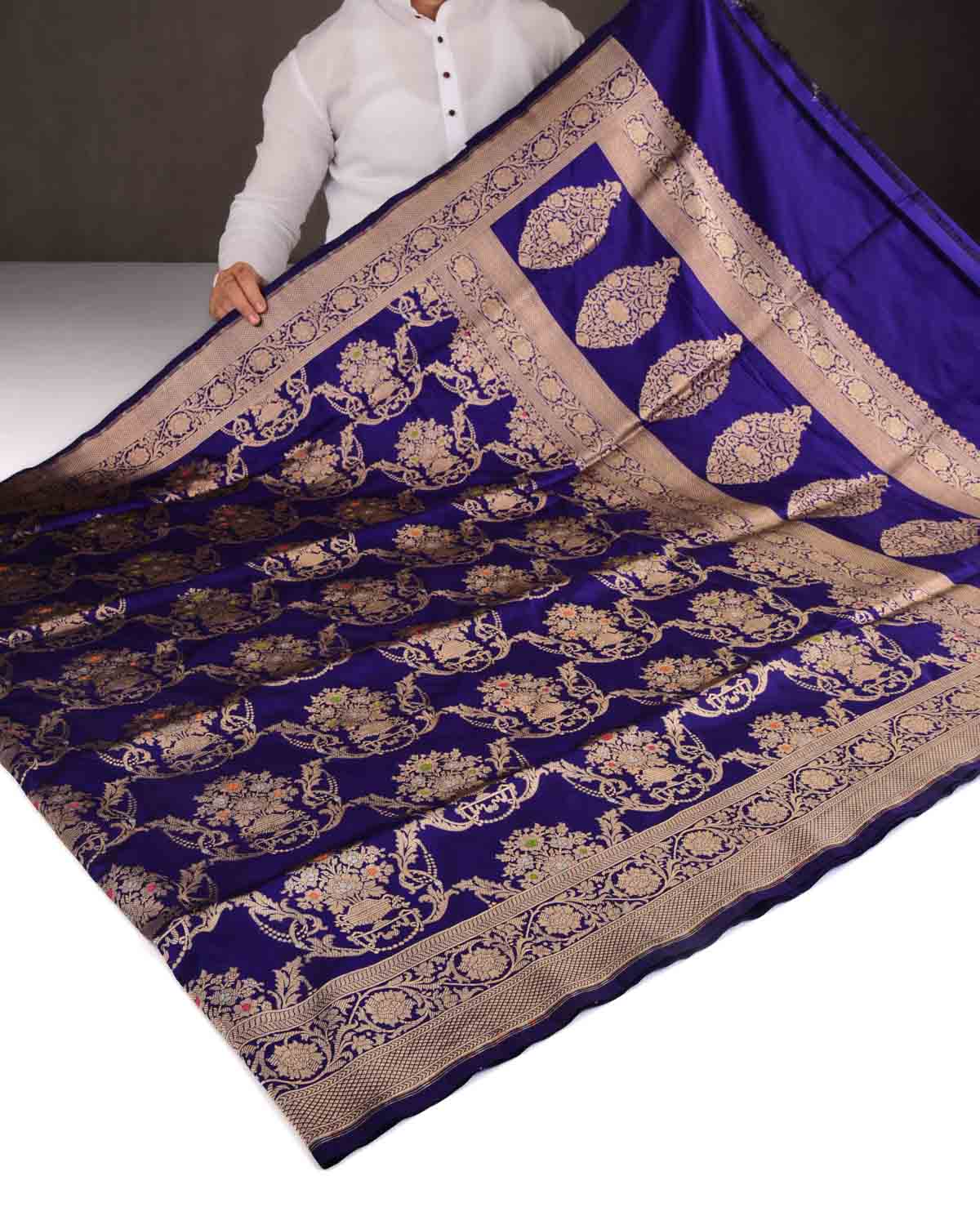 Purple Banarasi Gold Zari Cutwork Brocade Handwoven Katan Silk Saree-HolyWeaves