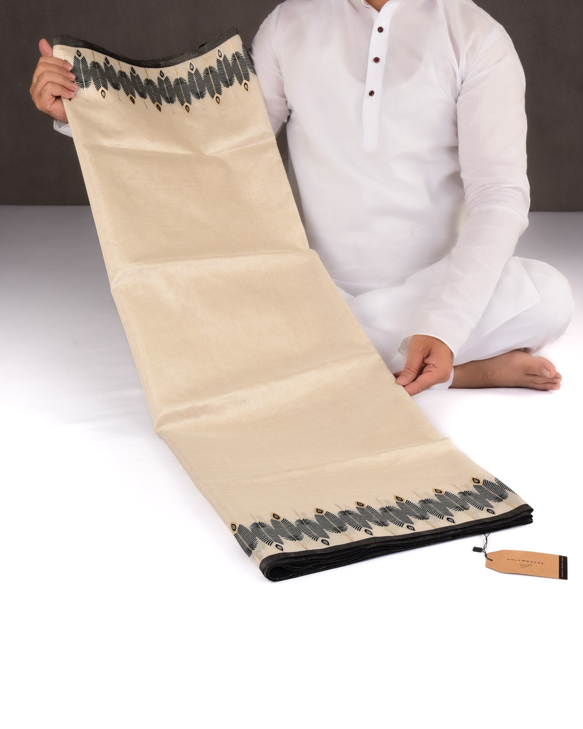 Metallic Cream Banarasi Feather Border Kadhuan Brocade Handwoven Kora Tissue Saree-HolyWeaves