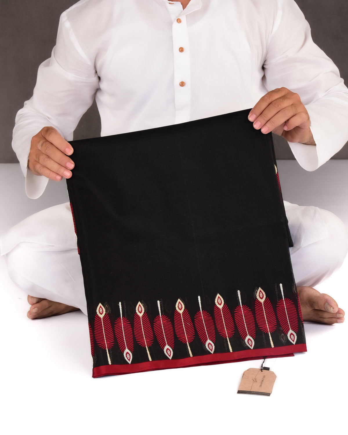 Black Banarasi Maroon Feather Border Kadhuan Brocade Handwoven Kora Silk Saree