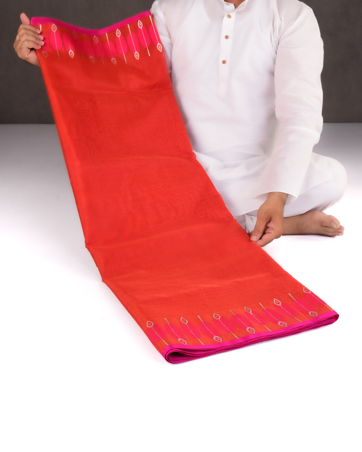 Red Banarasi Fuchsia Pink Feather Border Kadhuan Brocade Handwoven Kora Silk Saree-HolyWeaves