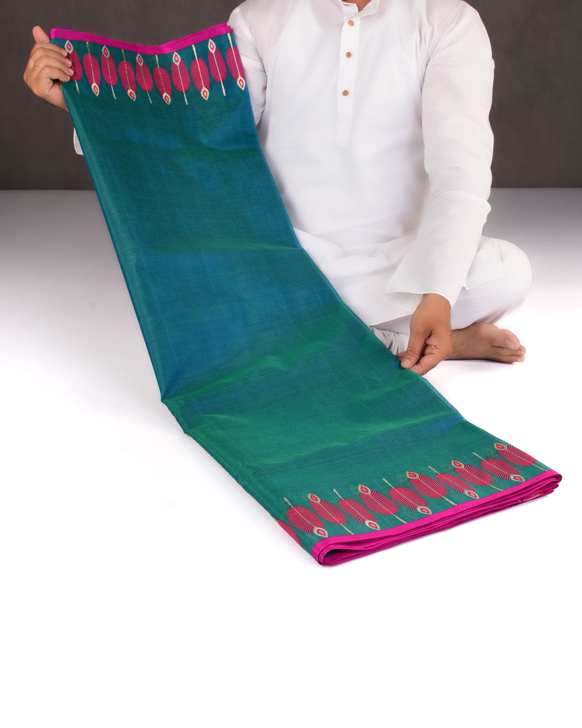 Shot Blue-Green Banarasi Fuchsia Pink Feather Border Kadhuan Brocade Handwoven Kora Silk Saree-HolyWeaves