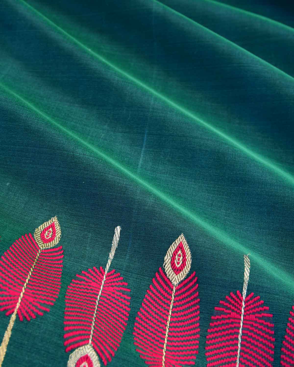 Shot Blue-Green Banarasi Fuchsia Pink Feather Border Kadhuan Brocade Handwoven Kora Silk Saree-HolyWeaves