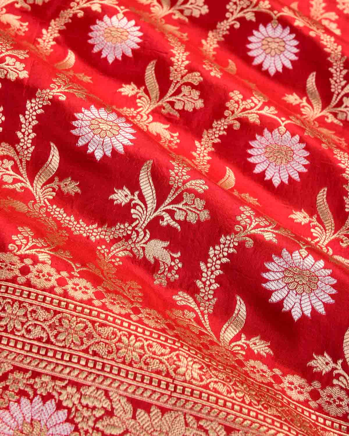 Bridal Red Banarasi Sona Rupa Zari Floral Jaal Cutwork Brocade Handwoven Katan Silk Saree-HolyWeaves