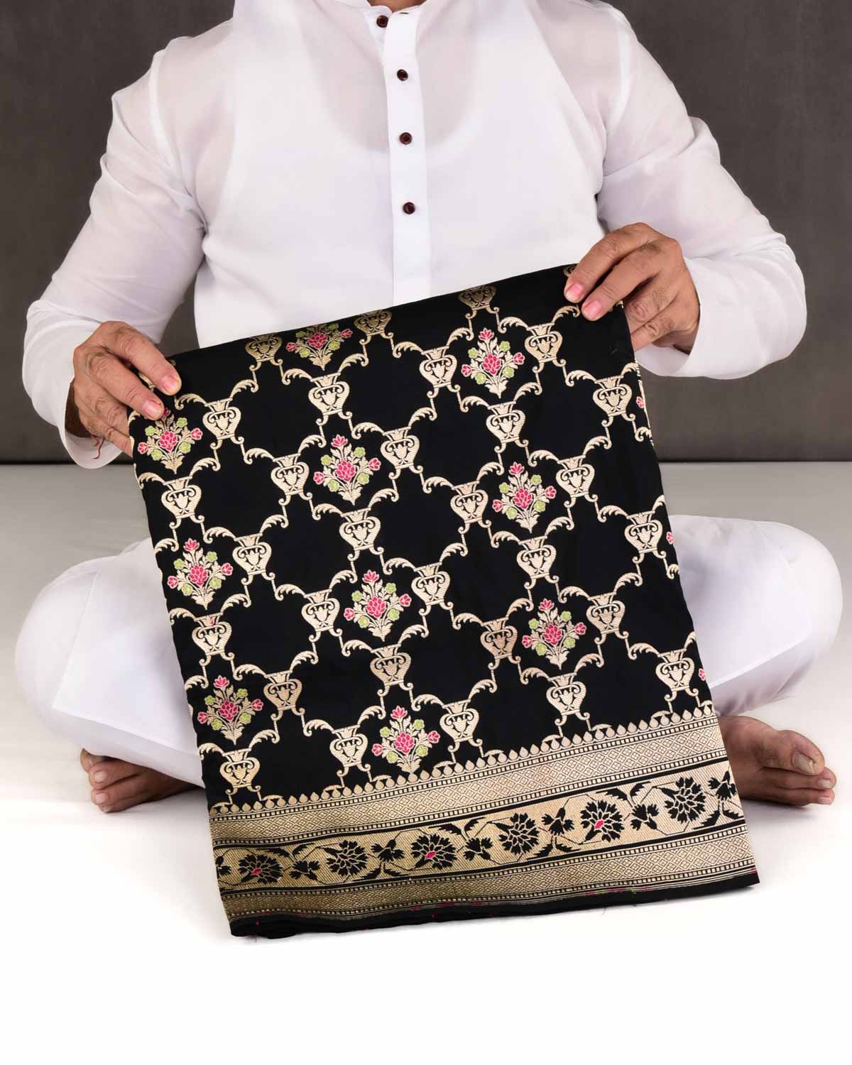 Black Banarasi Gold Zari & Meenekaari Jangla Cutwork Brocade Handwoven Katan Silk Saree-HolyWeaves