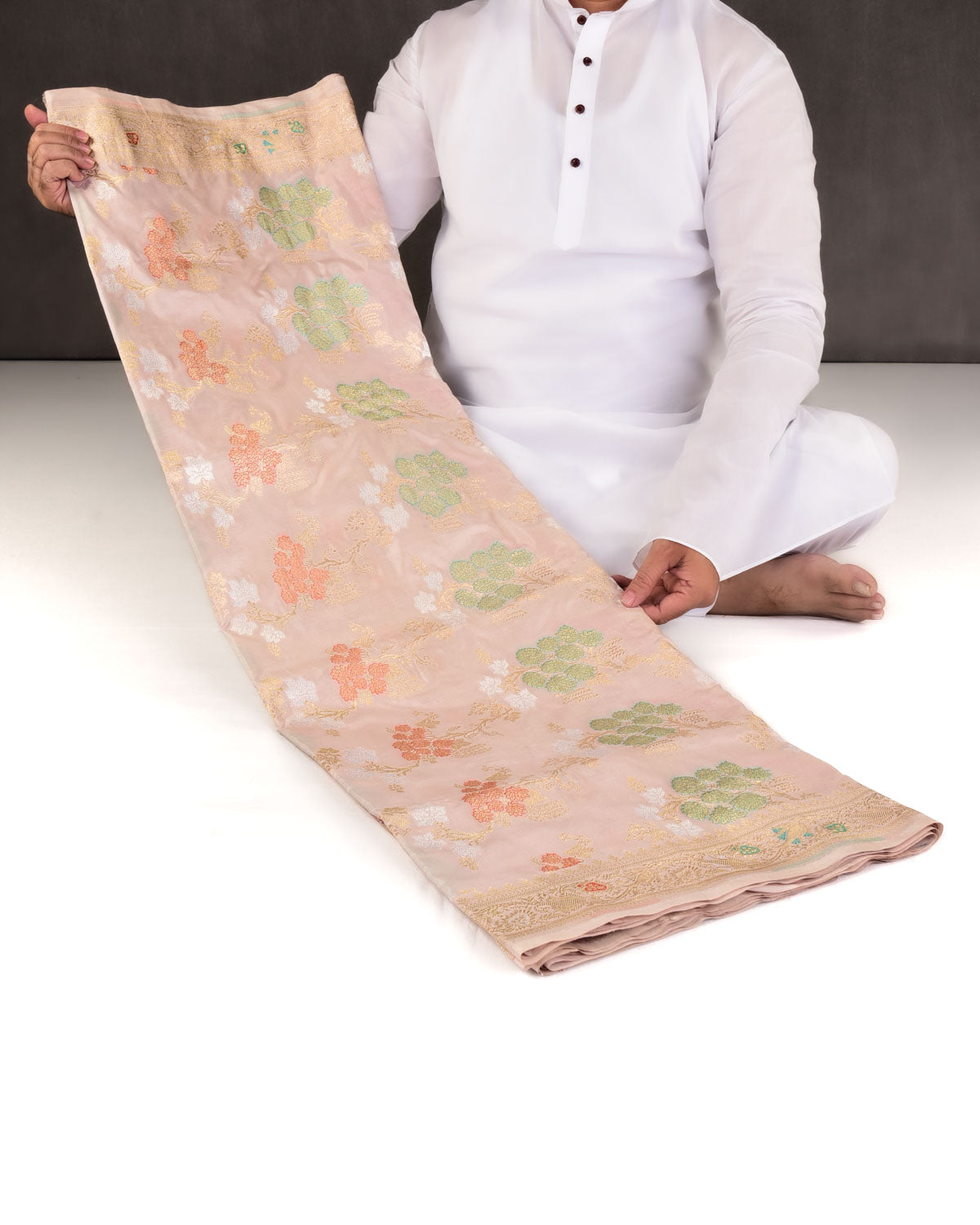 Peach Banarasi Gold Zari & Meenekaari Jangla Cutwork Brocade Handwoven Katan Silk Saree-HolyWeaves
