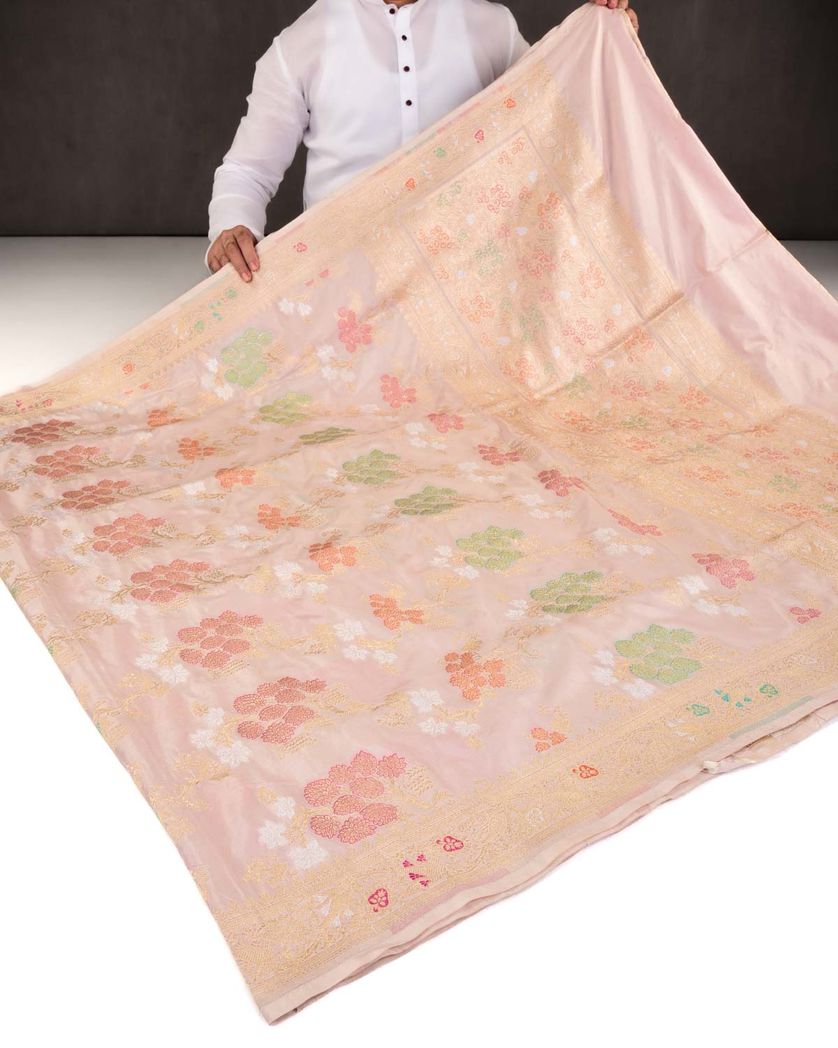 Peach Banarasi Gold Zari & Meenekaari Jangla Cutwork Brocade Handwoven Katan Silk Saree-HolyWeaves