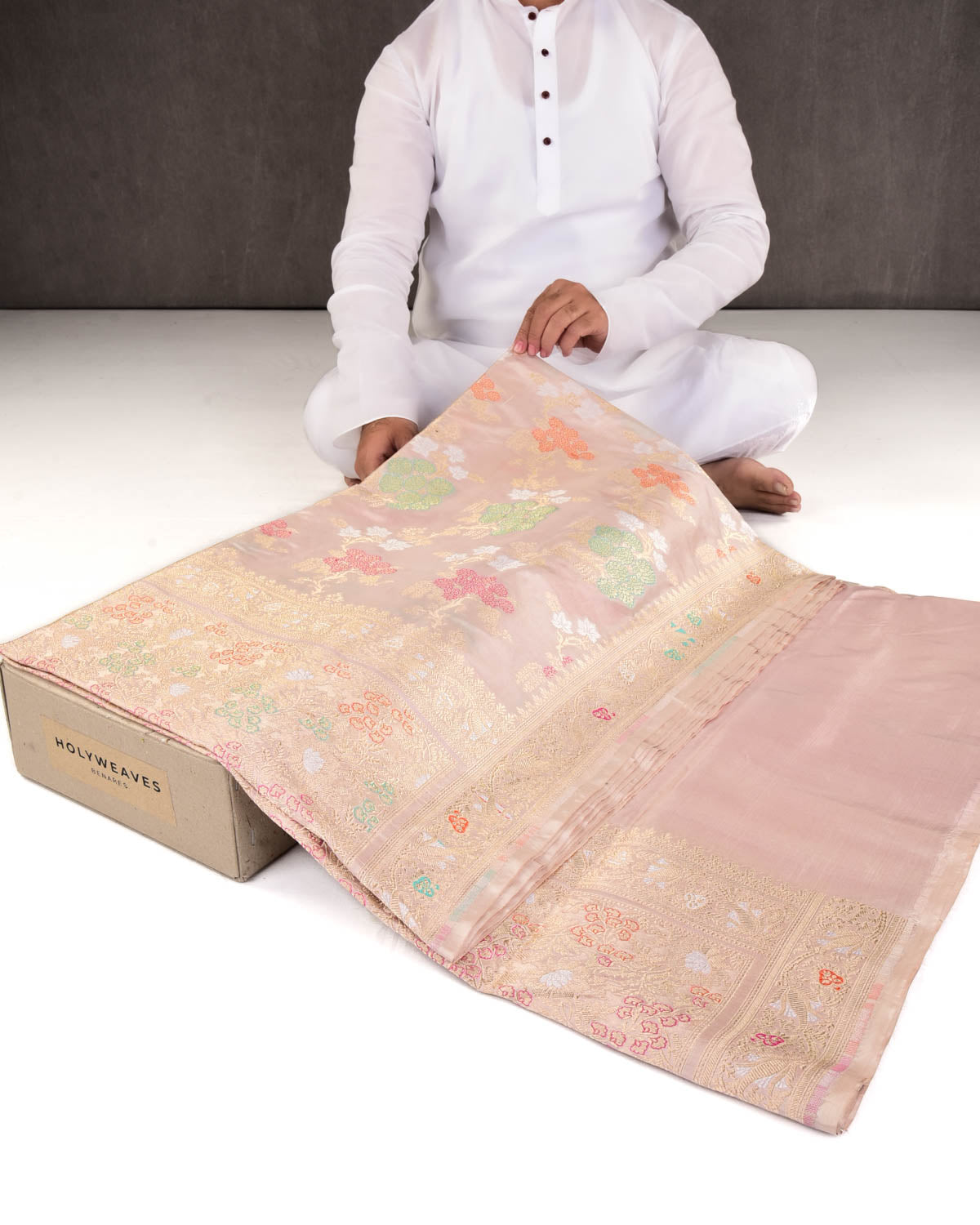 Peach Banarasi Gold Zari & Meenekaari Jangla Cutwork Brocade Handwoven Katan Silk Saree-HolyWeaves