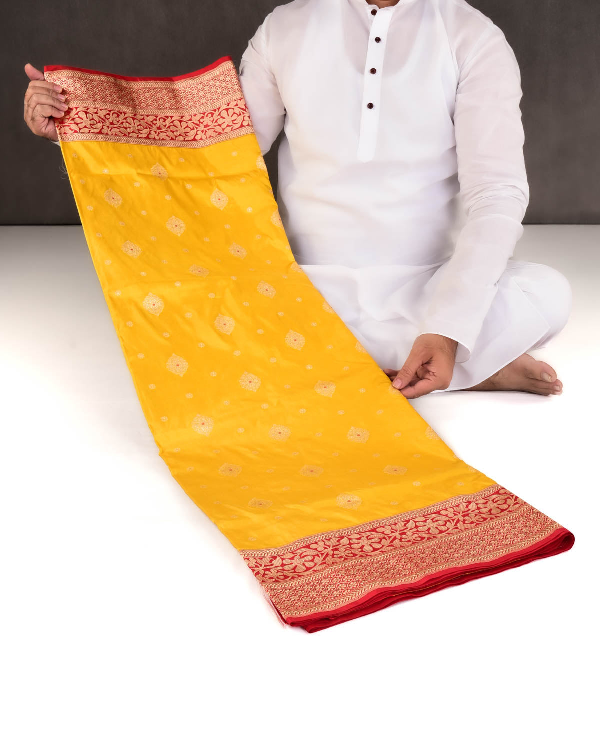Marigold Yellow Banarasi Rangkaat Pallu Cutwork Brocade Handwoven Katan Silk Saree-HolyWeaves