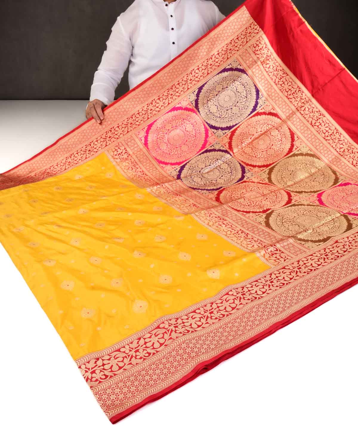 Marigold Yellow Banarasi Rangkaat Pallu Cutwork Brocade Handwoven Katan Silk Saree-HolyWeaves