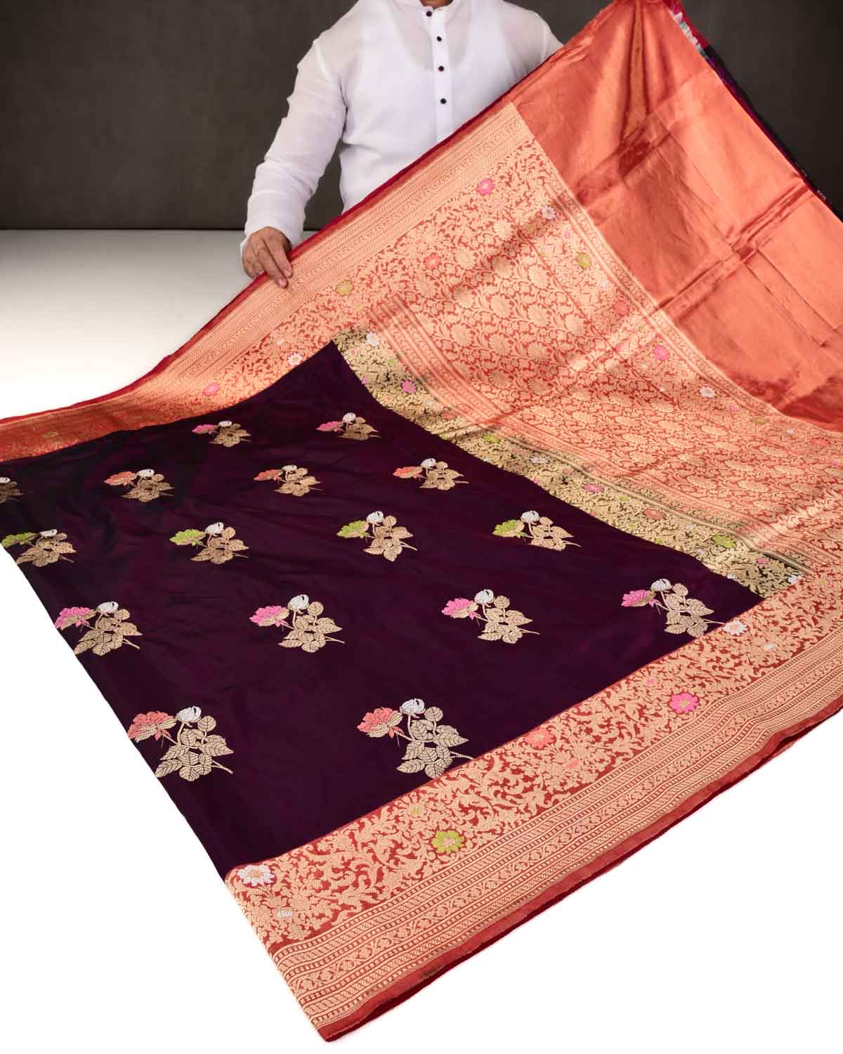 Shot Purple Banarasi Gulab Buta Kadhuan Brocade Handwoven Katan Silk Saree with Red Tissue Border Pallu-HolyWeaves