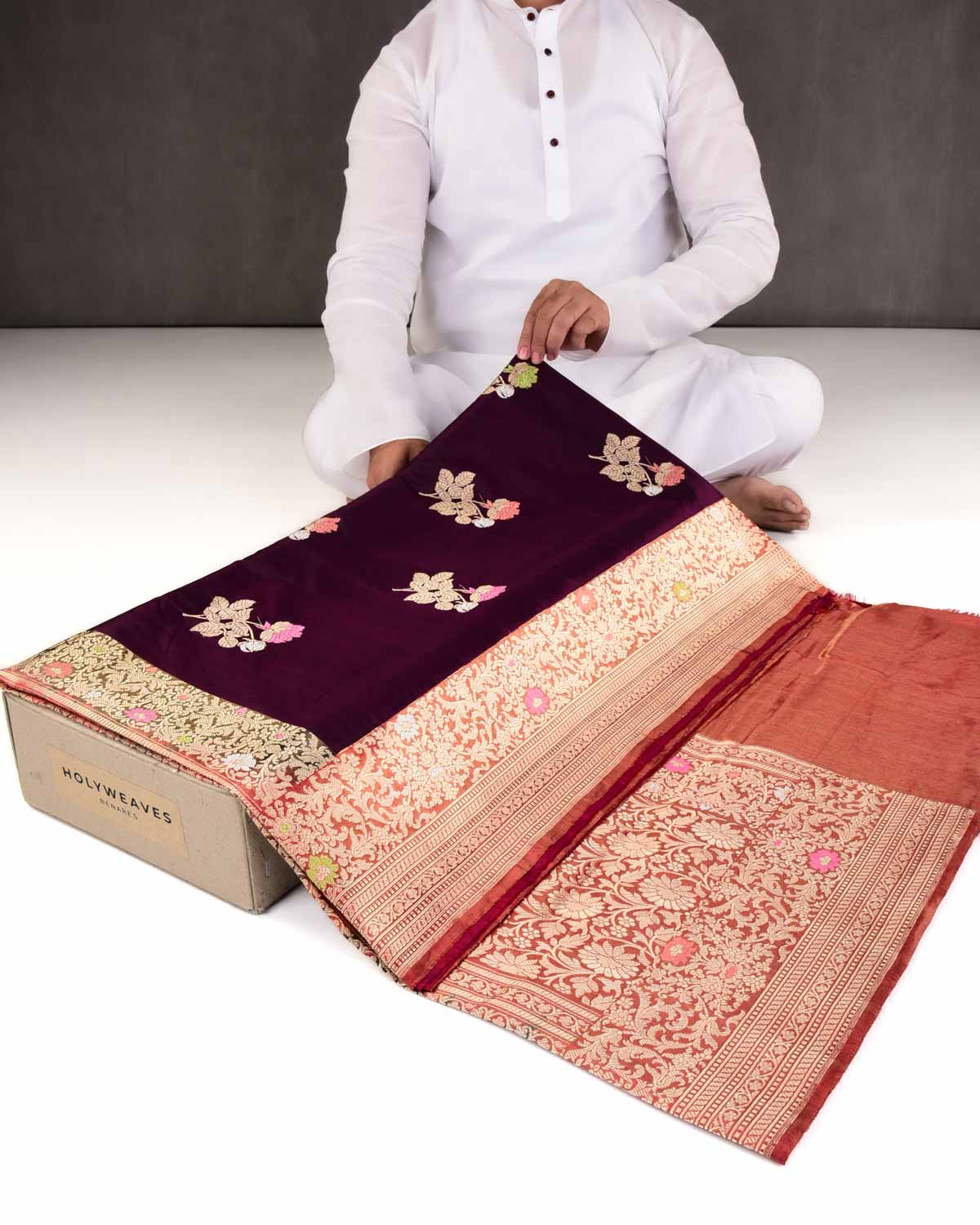 Shot Purple Banarasi Gulab Buta Kadhuan Brocade Handwoven Katan Silk Saree with Red Tissue Border Pallu-HolyWeaves
