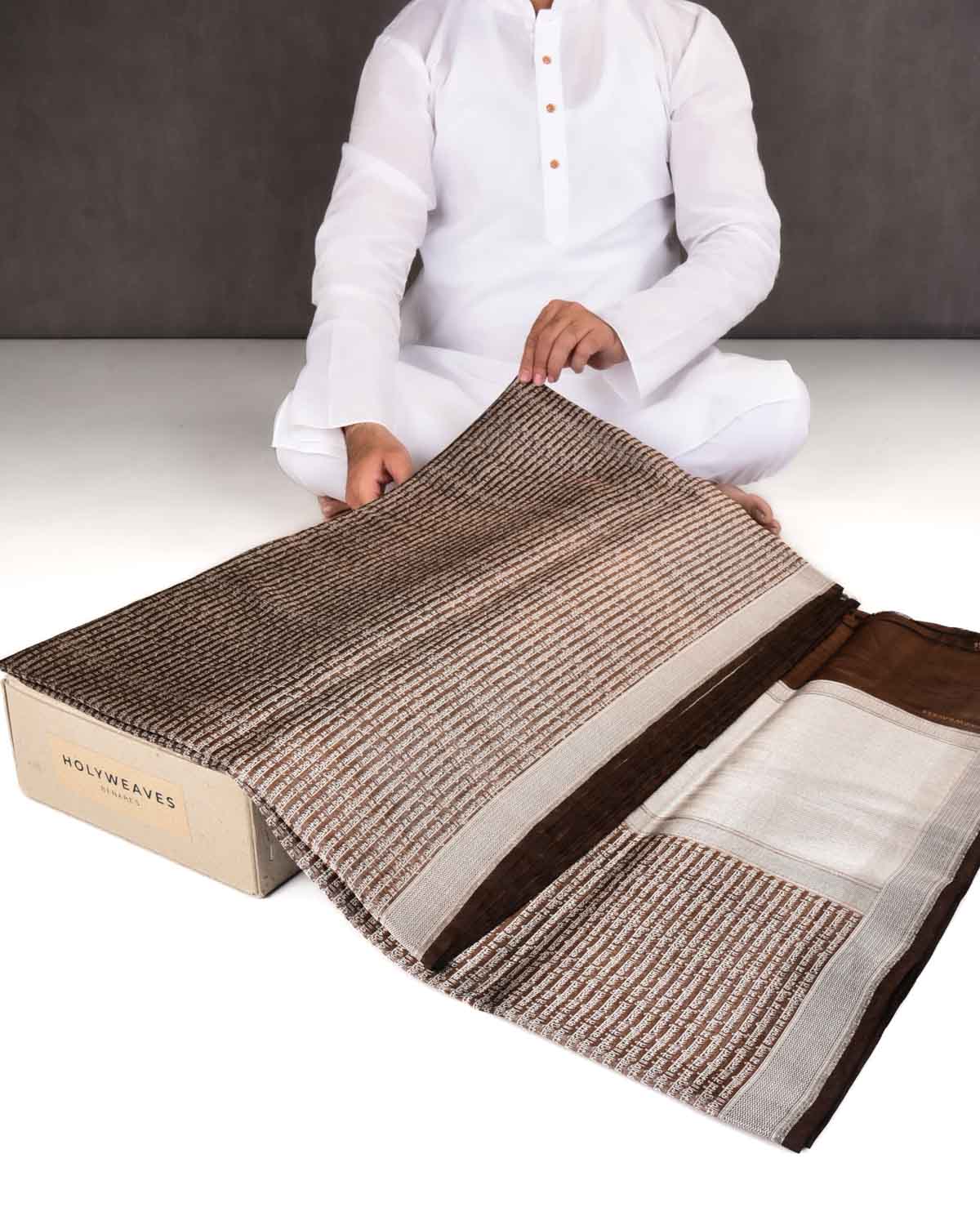 Metallic Brown Banarasi Silver Zari Geeta Shlok 2.47 Brocade Handwoven Katan Tissue Saree-HolyWeaves