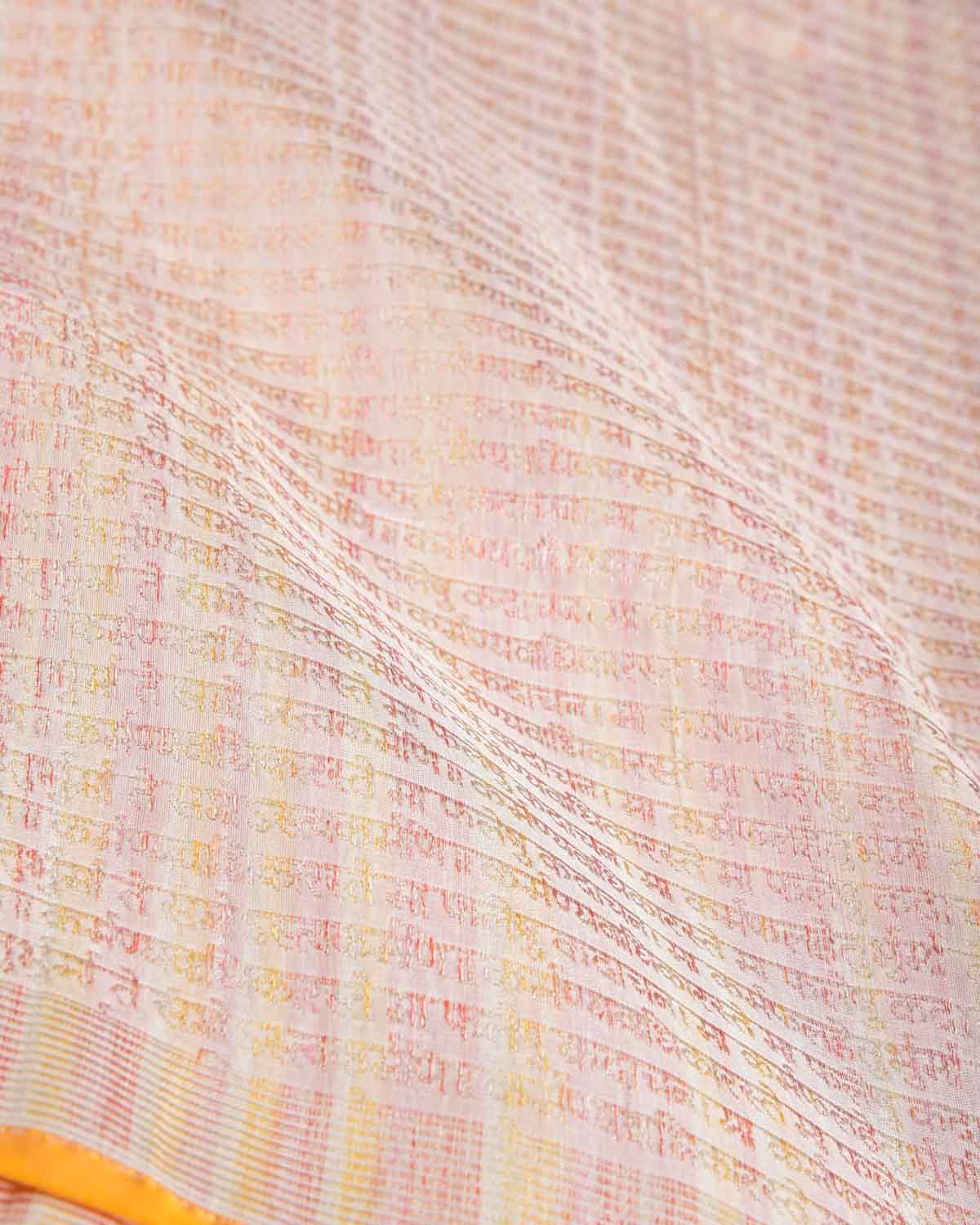 Ivory White Multi-Color Zari Geeta Shlok 2.47 Brocade Handwoven Katan Silk Banarasi Saree with Yellow Selvage-HolyWeaves