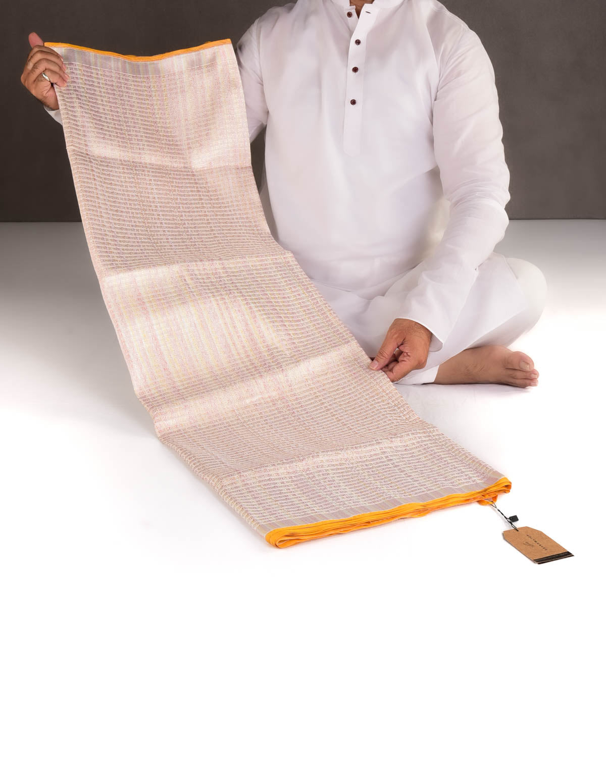 Ivory White Multi-Color Zari Geeta Shlok 2.47 Brocade Handwoven Katan Silk Banarasi Saree with Yellow Selvage-HolyWeaves