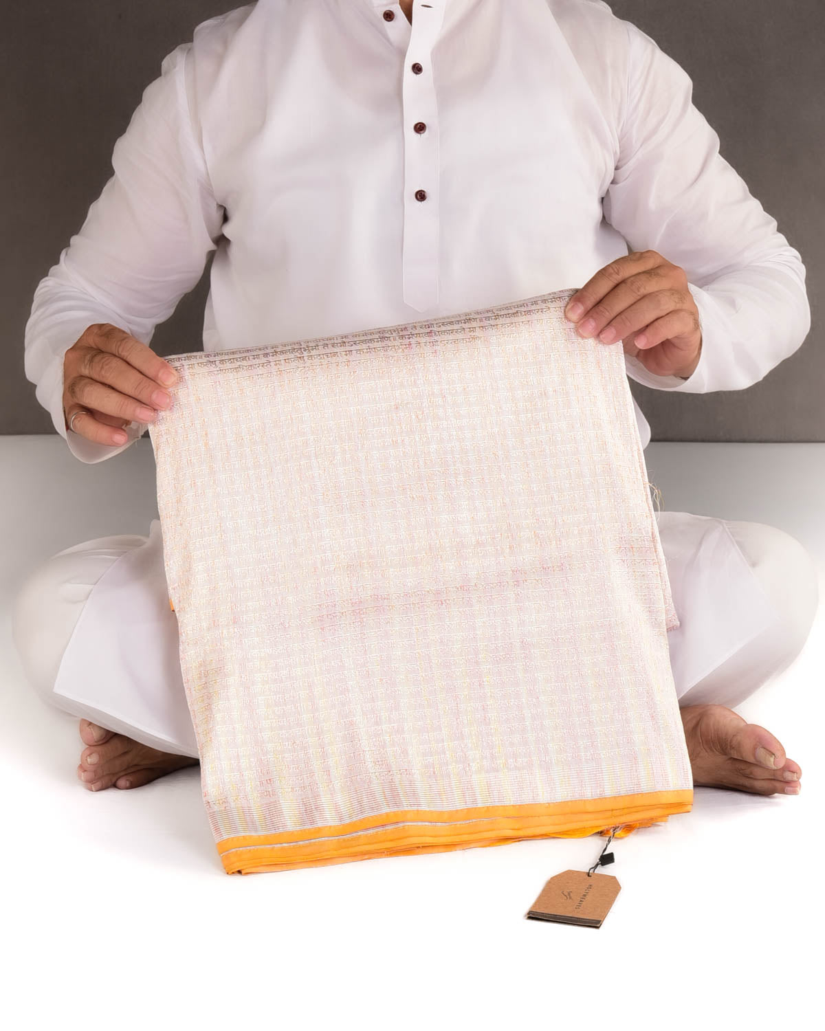 Ivory White Multi-Color Zari Geeta Shlok 2.47 Brocade Handwoven Katan Silk Banarasi Saree with Yellow Selvage-HolyWeaves