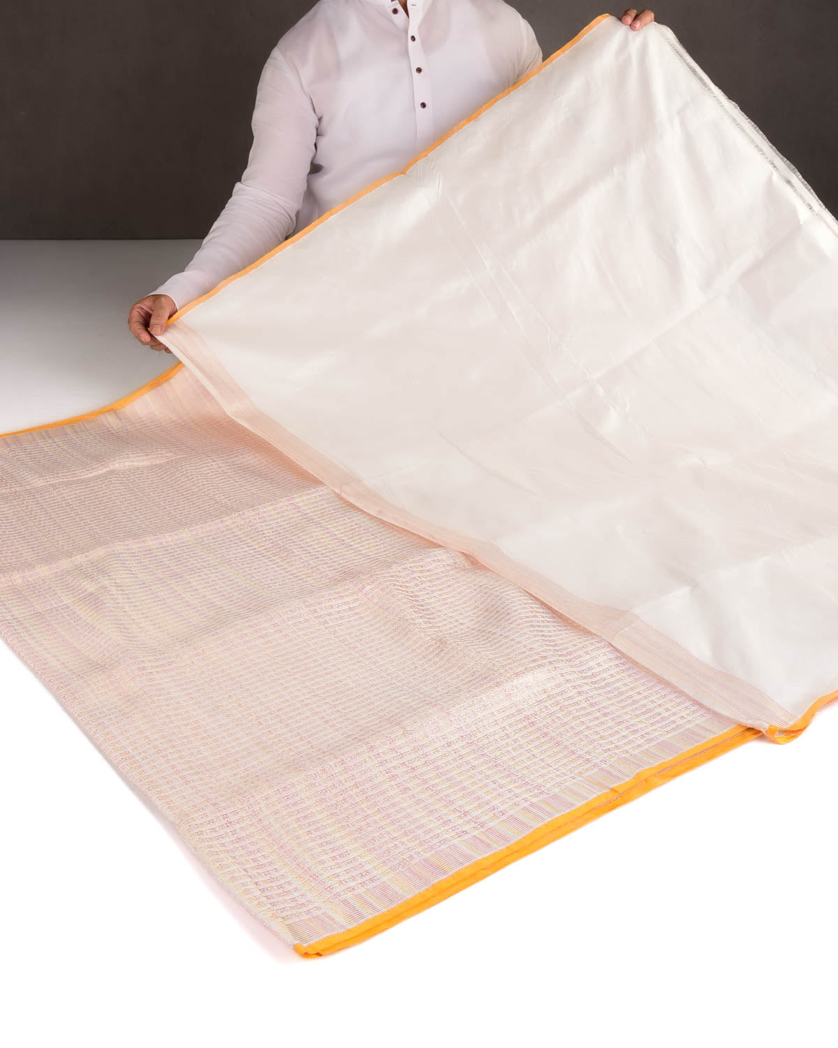 Ivory White Multi-Color Zari Geeta Shlok 2.47 Brocade Handwoven Katan Silk Banarasi Saree with Yellow Selvage-HolyWeaves