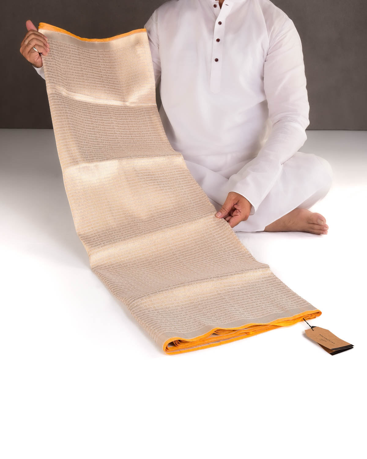 Metallic Cream Gold Zari Geeta Shlok 2.47 Brocade Handwoven Katan Tissue Banarasi Saree with Yellow Selvage-HolyWeaves