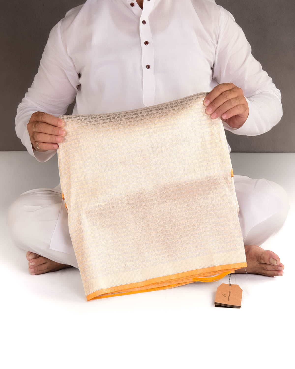 Metallic Cream Gold Zari Geeta Shlok 2.47 Brocade Handwoven Katan Tissue Banarasi Saree with Yellow Selvage-HolyWeaves