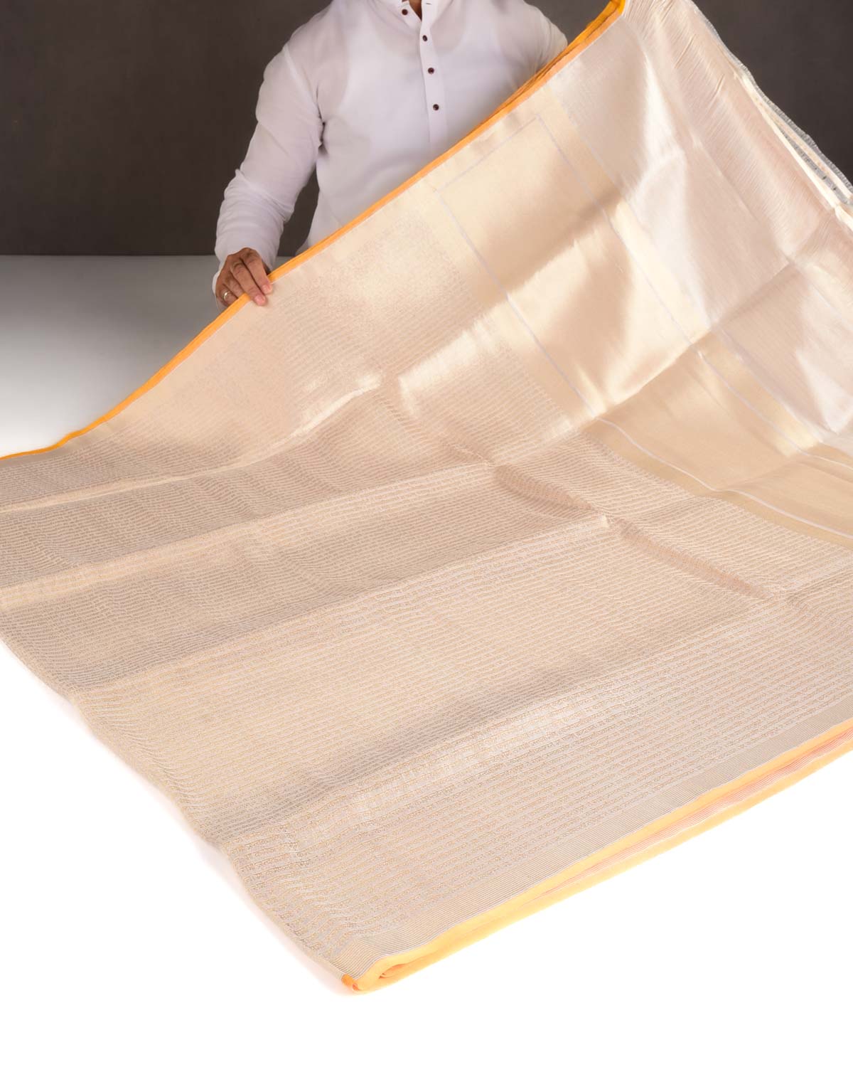 Metallic Cream Gold Zari Geeta Shlok 2.47 Brocade Handwoven Katan Tissue Banarasi Saree with Yellow Selvage-HolyWeaves
