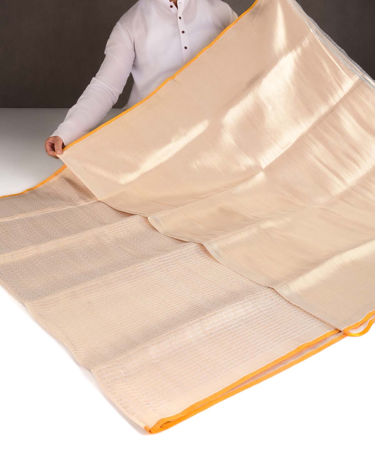 Metallic Cream Gold Zari Geeta Shlok 2.47 Brocade Handwoven Katan Tissue Banarasi Saree with Yellow Selvage-HolyWeaves