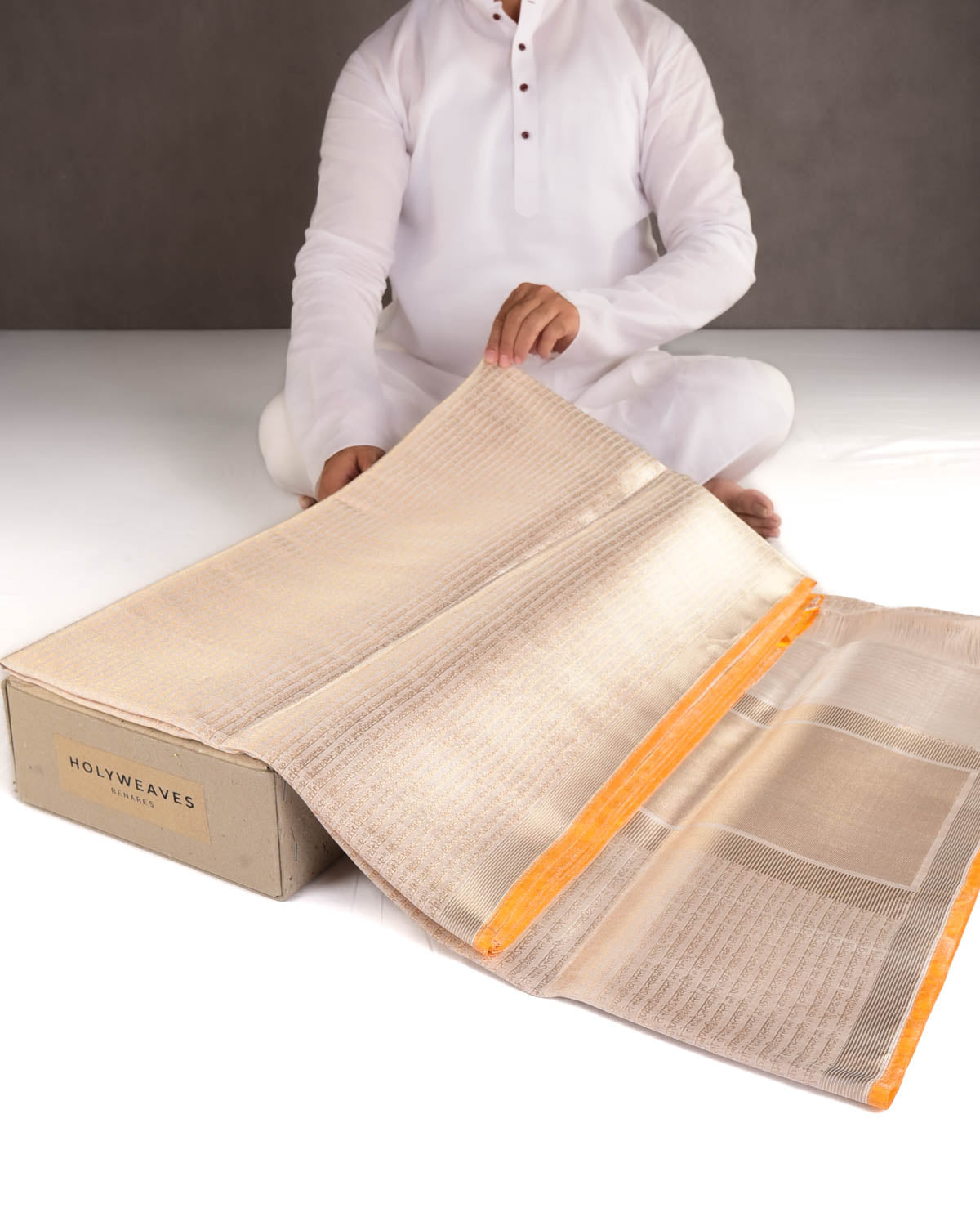 Metallic Cream Gold Zari Geeta Shlok 2.47 Brocade Handwoven Katan Tissue Banarasi Saree with Yellow Selvage-HolyWeaves