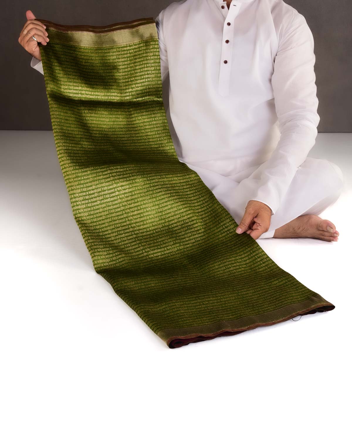 Olive Green Gold Zari Geeta Shlok 2.47 Brocade Handwoven Katan Silk Banarasi Saree-HolyWeaves