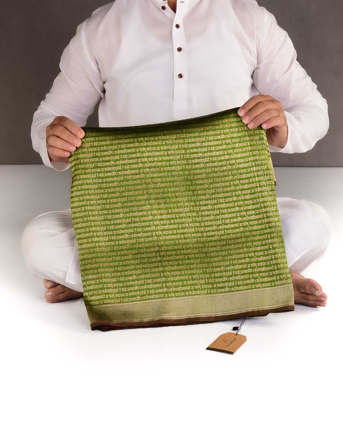 Olive Green Gold Zari Geeta Shlok 2.47 Brocade Handwoven Katan Silk Banarasi Saree-HolyWeaves