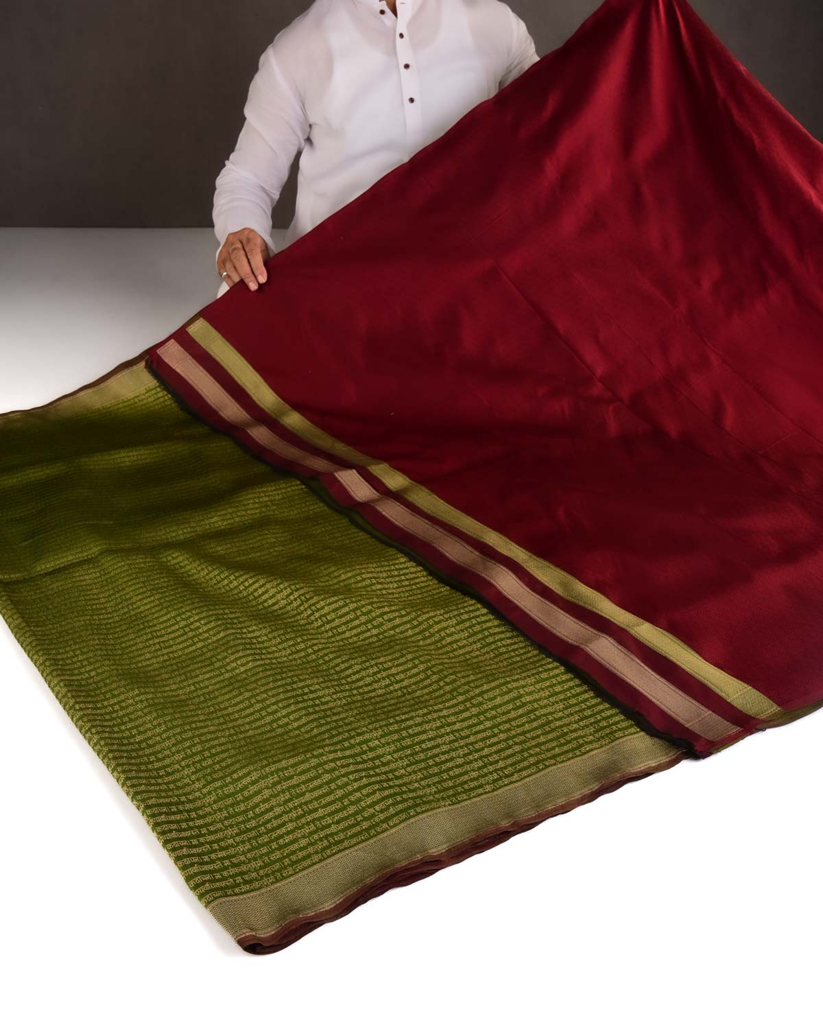 Olive Green Gold Zari Geeta Shlok 2.47 Brocade Handwoven Katan Silk Banarasi Saree-HolyWeaves
