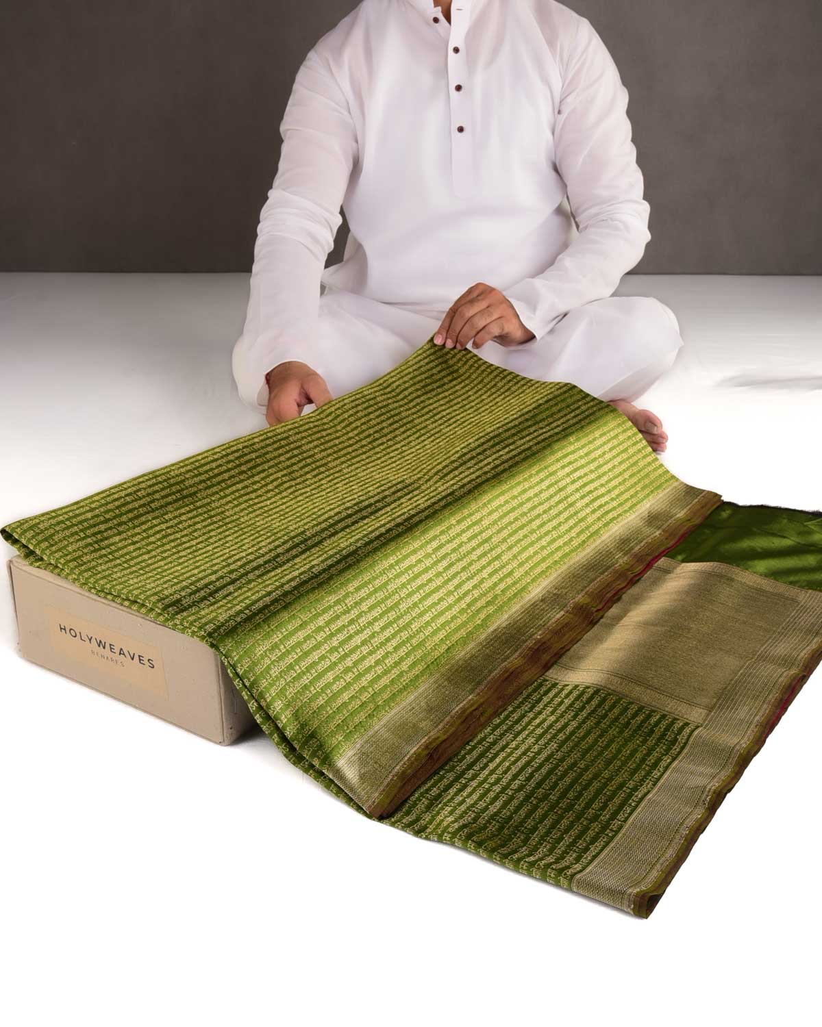 Olive Green Gold Zari Geeta Shlok 2.47 Brocade Handwoven Katan Silk Banarasi Saree-HolyWeaves