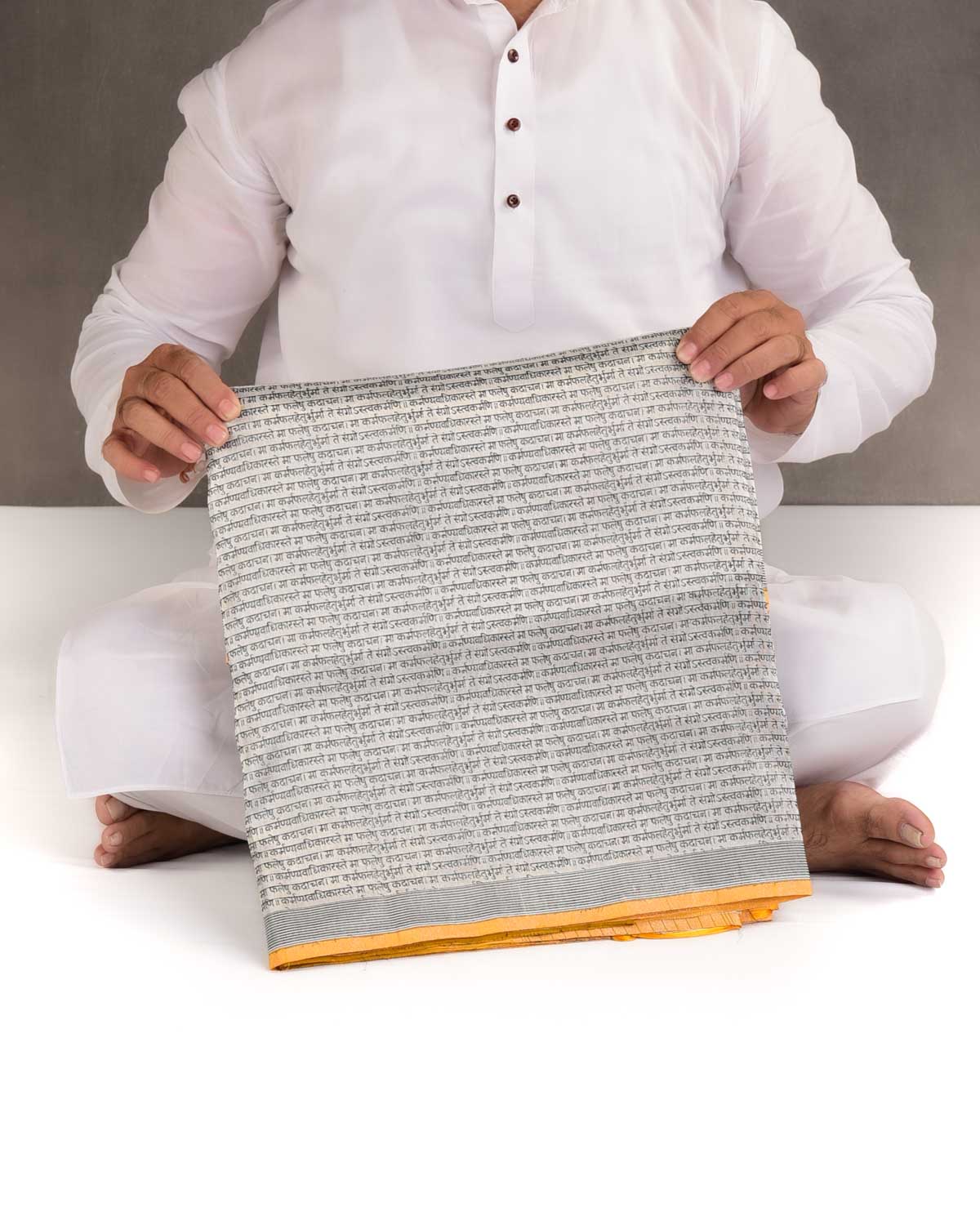 Metallic Silver Zari Geeta Shlok 2.47 Brocade Handwoven Katan Silk Banarasi Saree-HolyWeaves