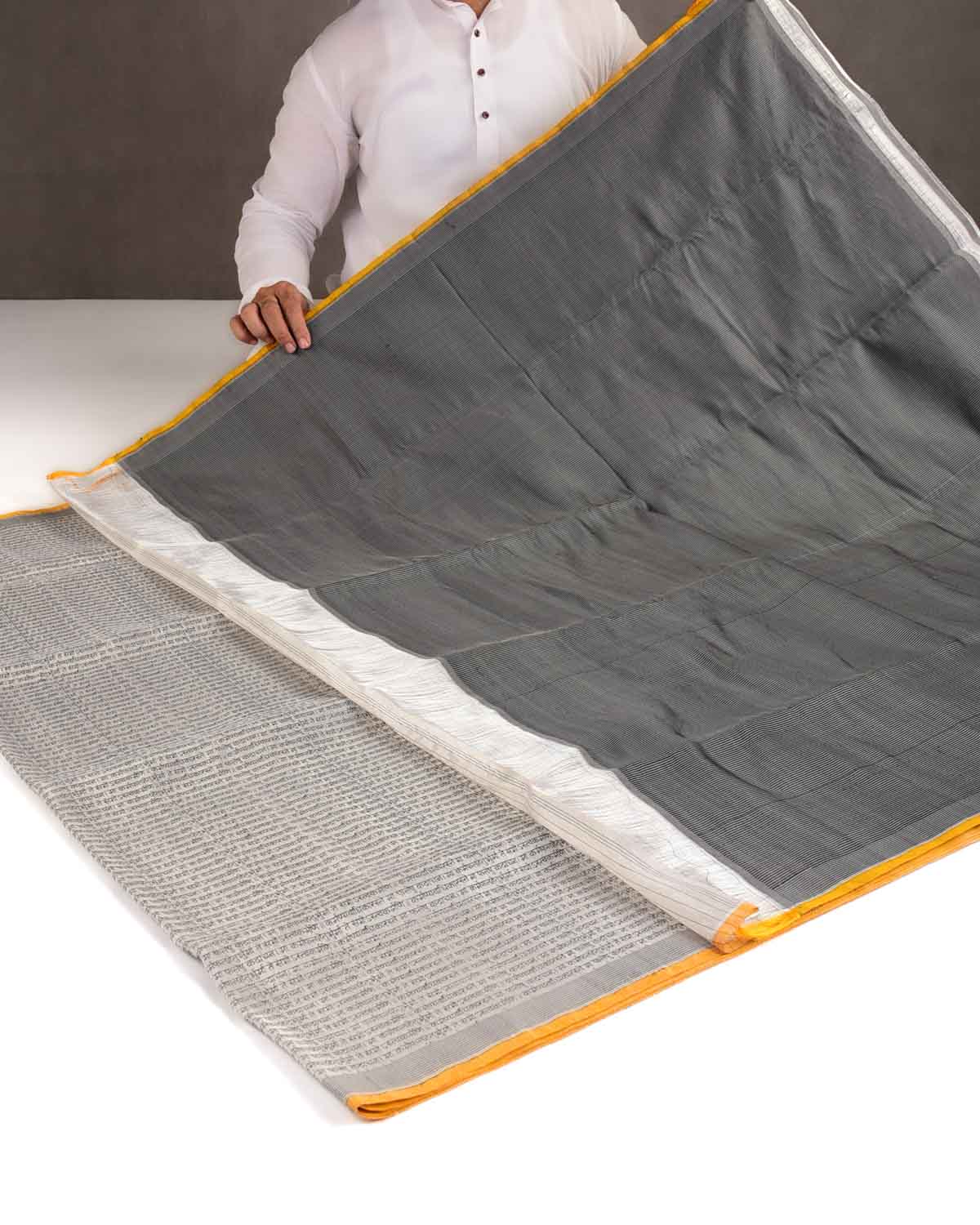 Metallic Silver Zari Geeta Shlok 2.47 Brocade Handwoven Katan Silk Banarasi Saree-HolyWeaves