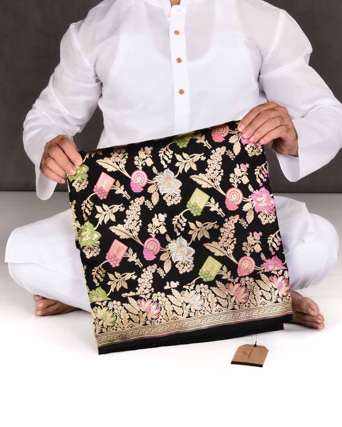 Black Banarasi Gold & Silver Zari with Meenekari Floral Jaal Cutwork Brocade Handwoven Katan Silk Saree-HolyWeaves