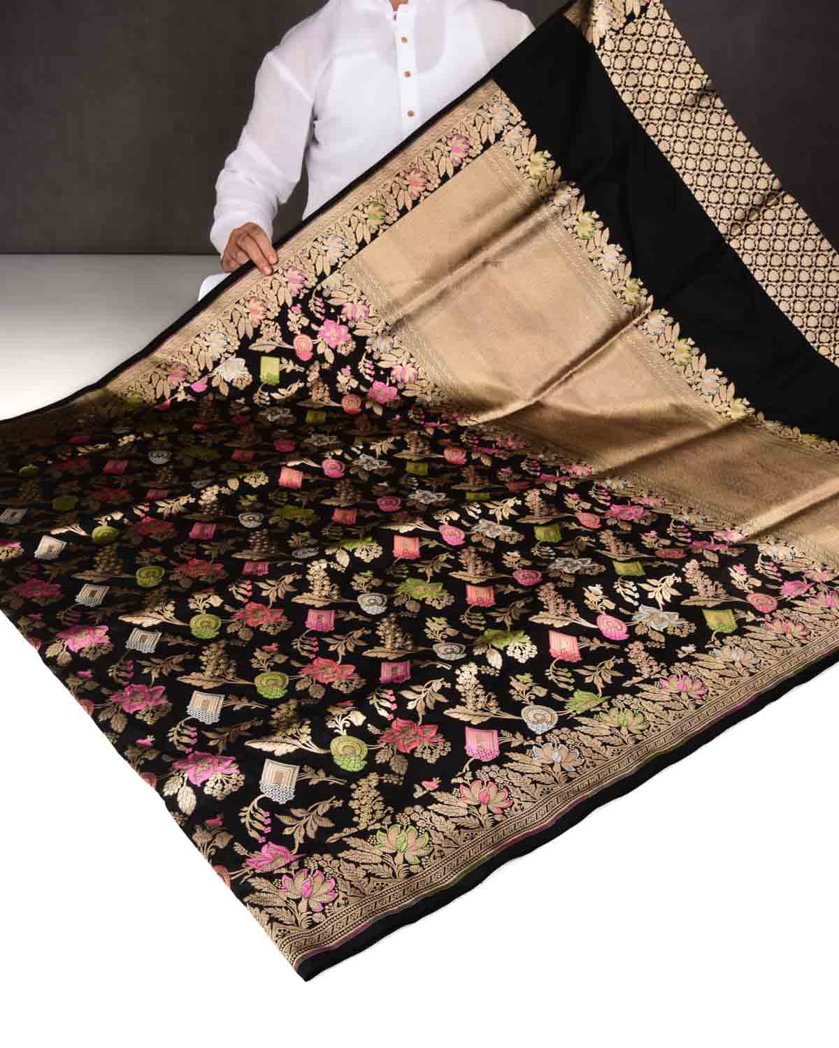 Black Banarasi Gold & Silver Zari with Meenekari Floral Jaal Cutwork Brocade Handwoven Katan Silk Saree-HolyWeaves