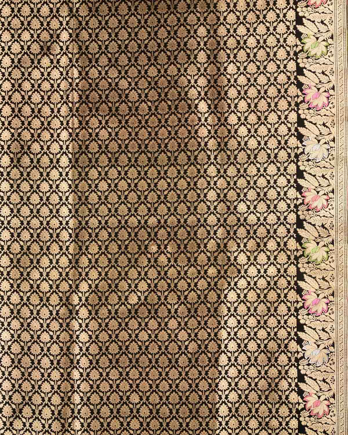 Black Banarasi Gold & Silver Zari with Meenekari Floral Jaal Cutwork Brocade Handwoven Katan Silk Saree-HolyWeaves