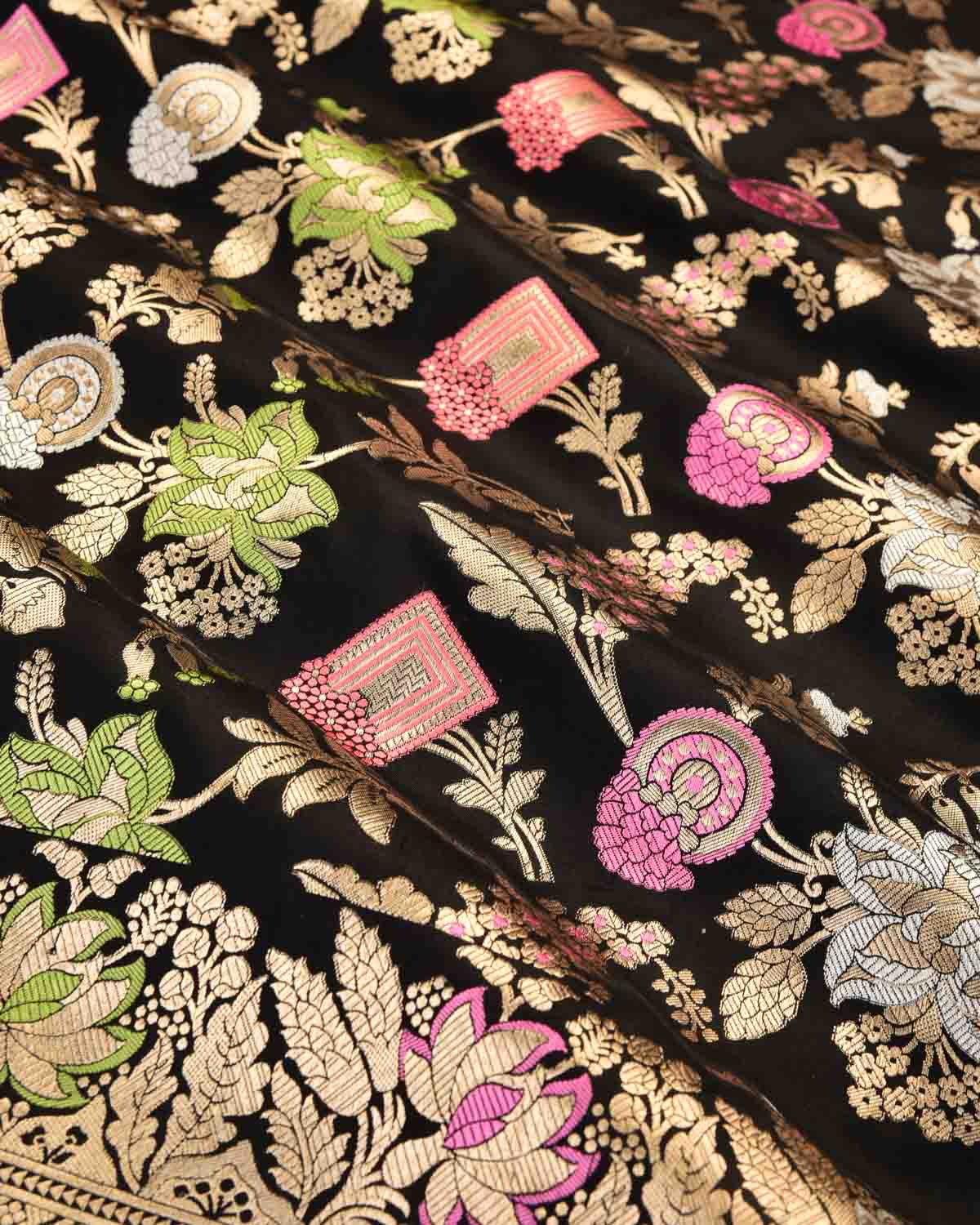 Black Banarasi Gold & Silver Zari with Meenekari Floral Jaal Cutwork Brocade Handwoven Katan Silk Saree-HolyWeaves