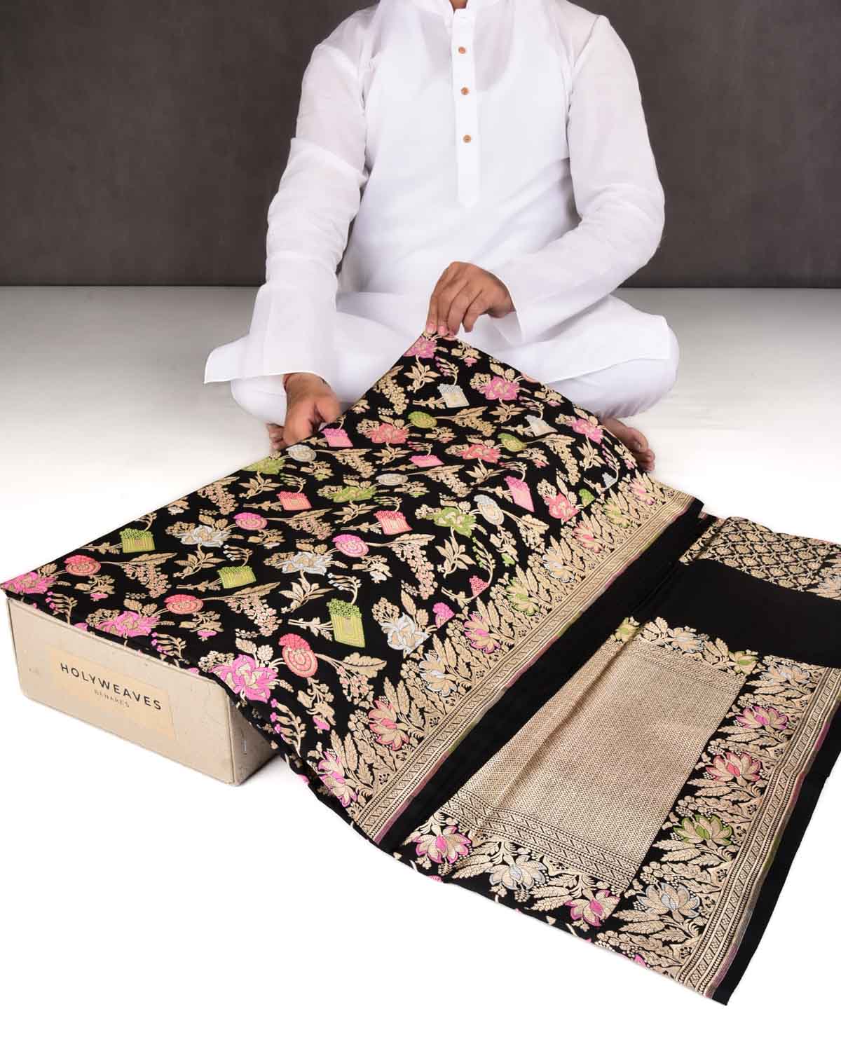 Black Banarasi Gold & Silver Zari with Meenekari Floral Jaal Cutwork Brocade Handwoven Katan Silk Saree-HolyWeaves