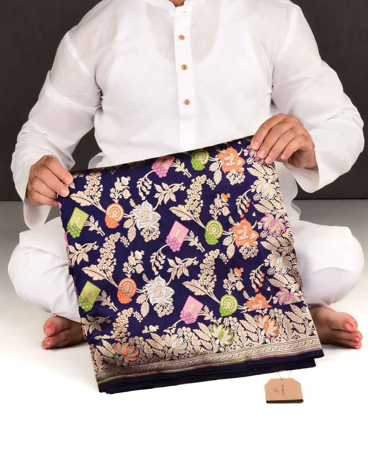 Indigo Banarasi Gold Zari and Meenekari Jaal Cutwork Brocade Handwoven Katan Silk Saree-HolyWeaves