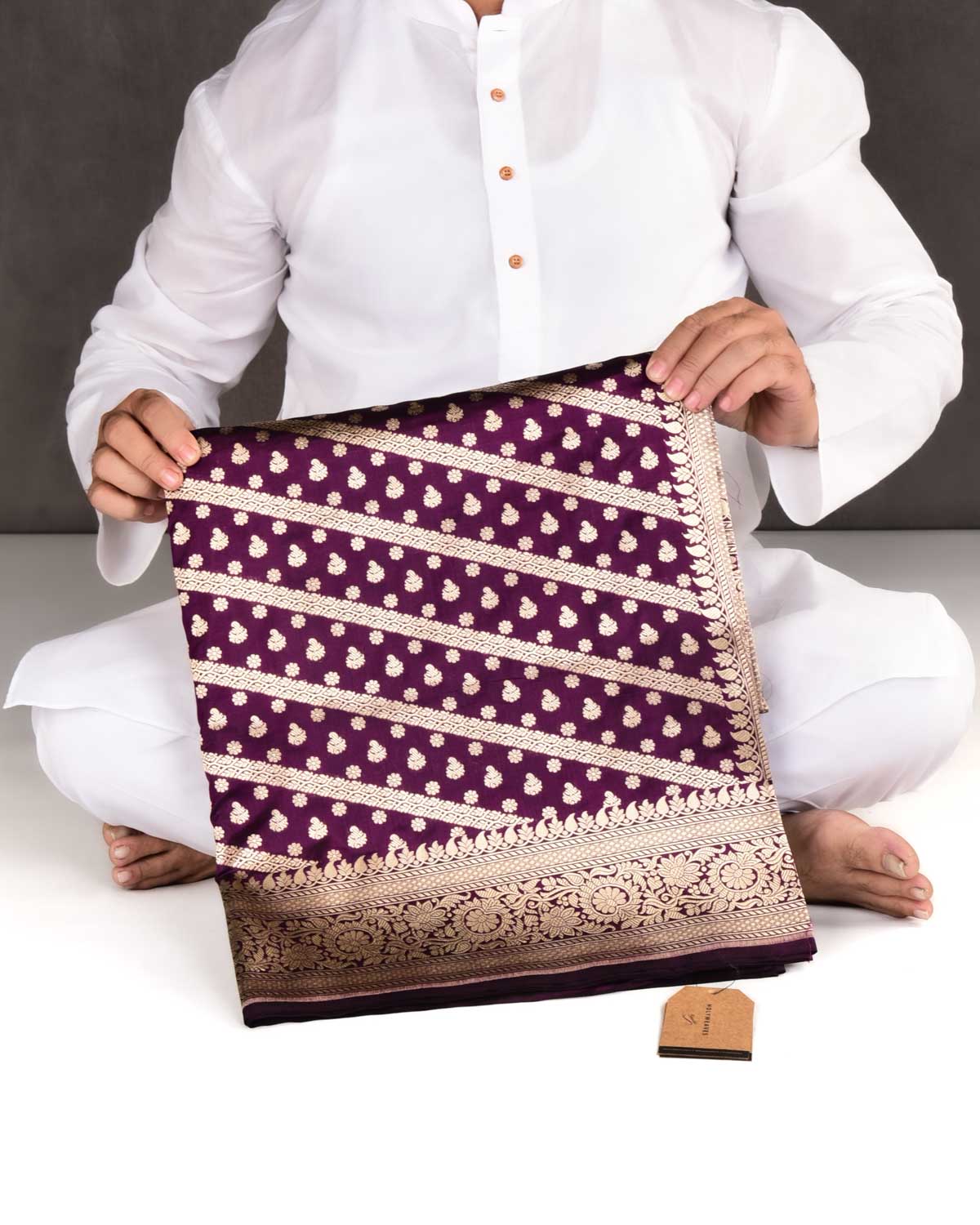 Purple Banarasi Diagonal Stripes Cutwork Brocade Handwoven Katan Silk Saree-HolyWeaves